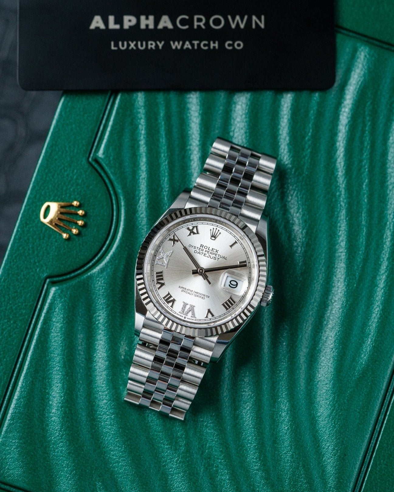 36mm Steel Rolex Datejust 126234 Silver and Diamond Dial Watch at Alpha Crown