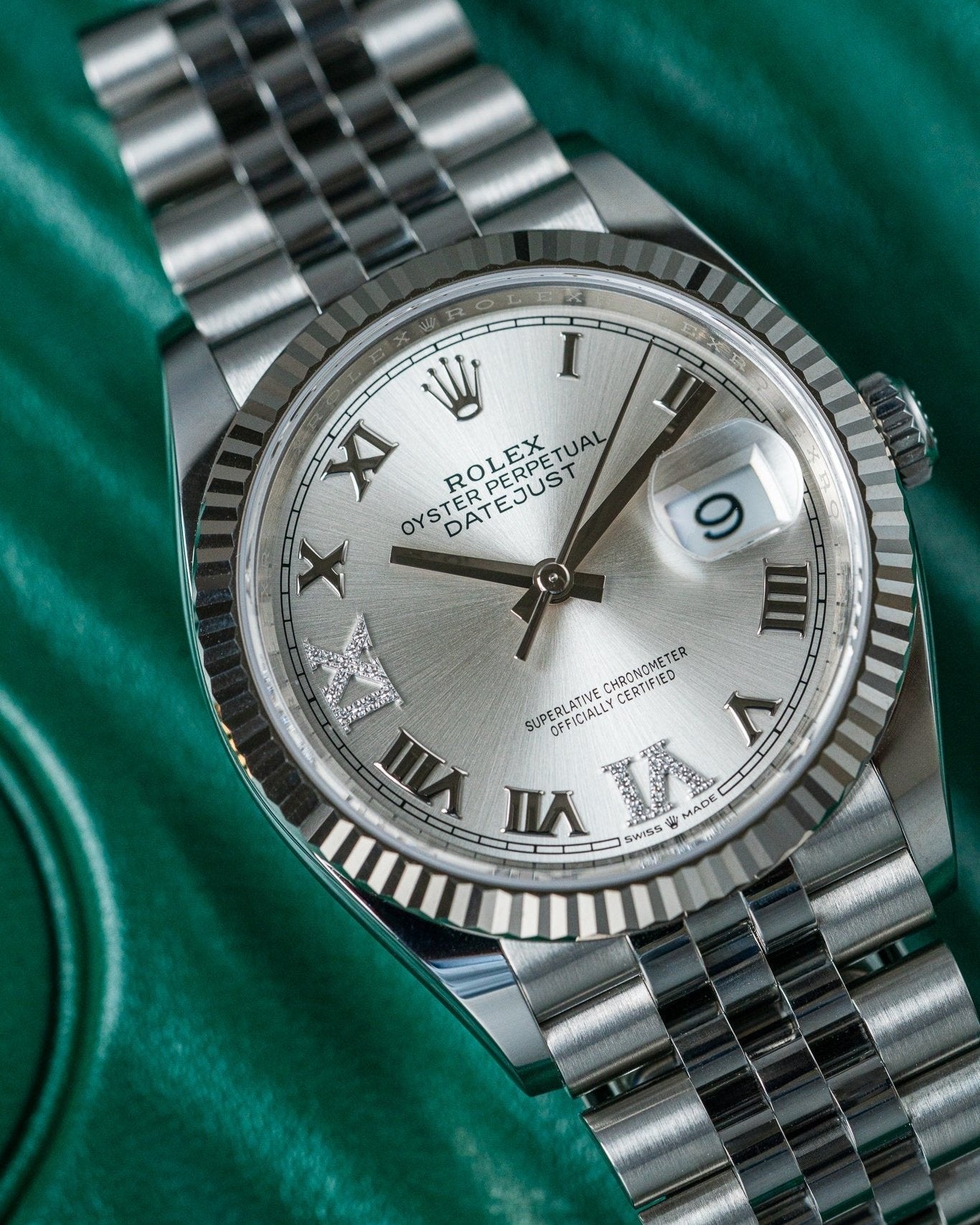 36mm Steel Rolex Datejust 126234 Silver and Diamond Dial Watch at Alpha Crown