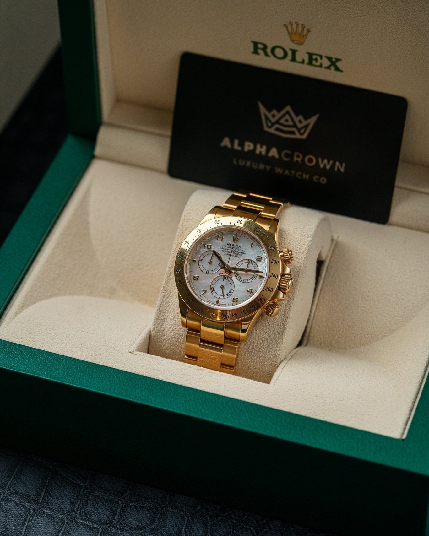 40mm Yellow Gold Rolex Daytona 116528 Mother of Pearl Dial Watch at Alpha Crown