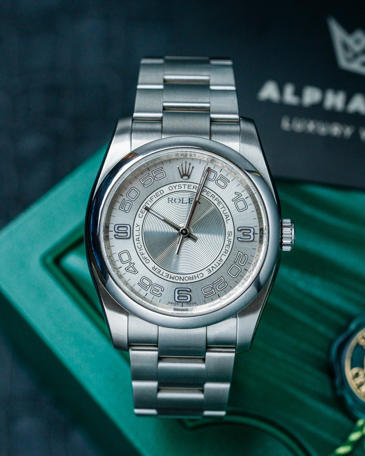 36mm Silver Concentric Dial Rolex Oyster Perpetual 116000 Watch at Alpha Crown