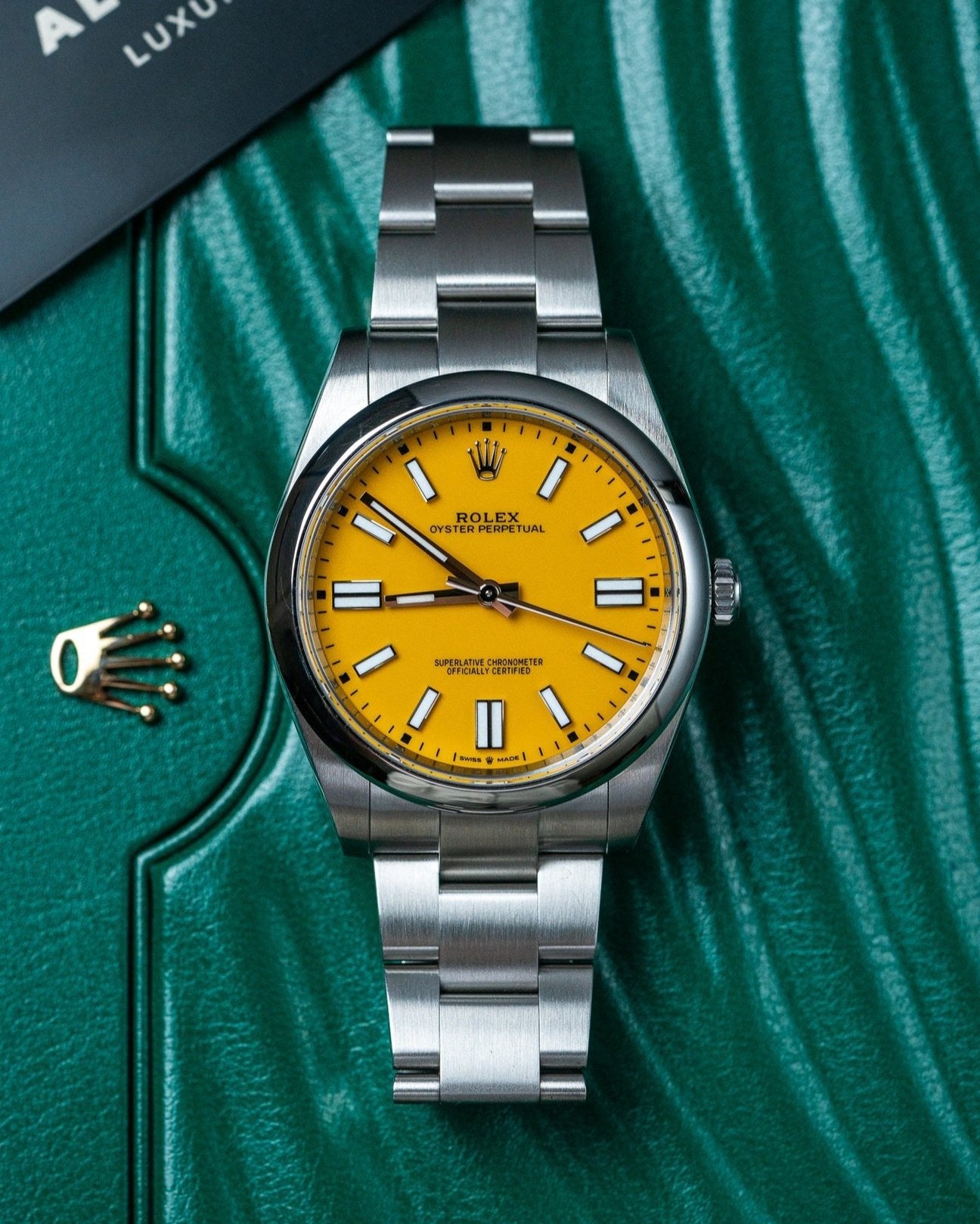 41mm Steel Rolex Oyster Perpetual Yellow Dial 124300 Watch at Alpha Crown