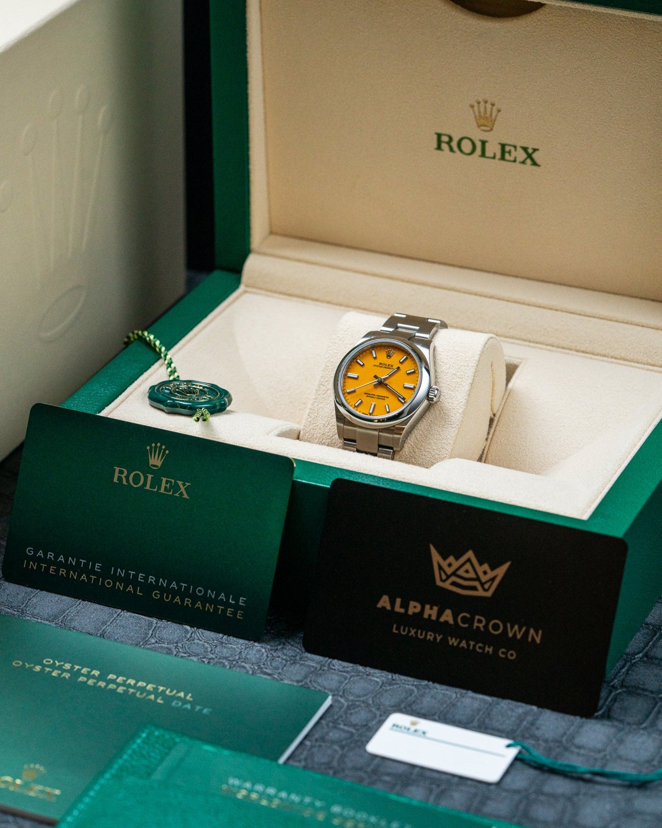 2022 Steel Rolex Oyster Perpetual 277200 "Yellow" at Alpha Crown Dallas