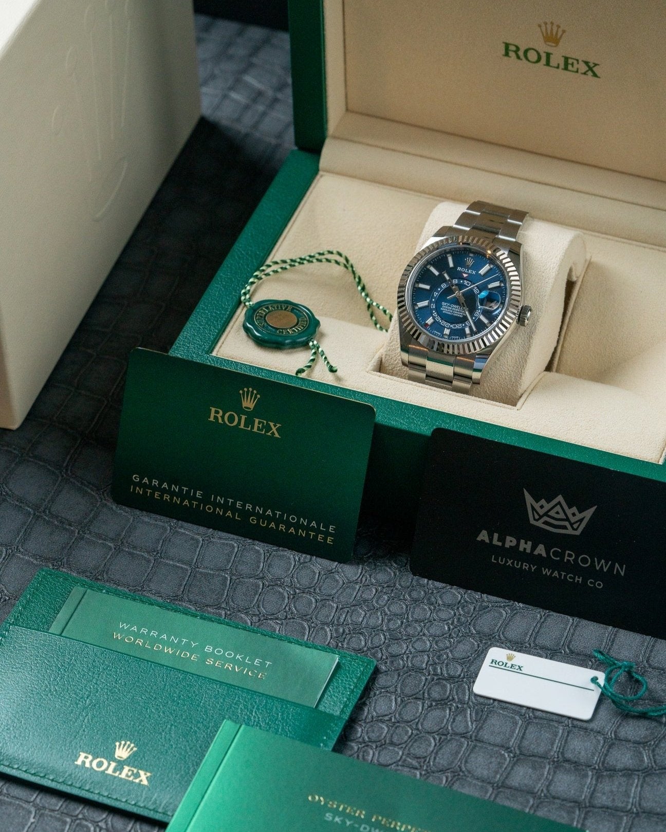 42mm Steel Rolex Sky Dweller 326934 Blue Dial Watch at Alpha Crown