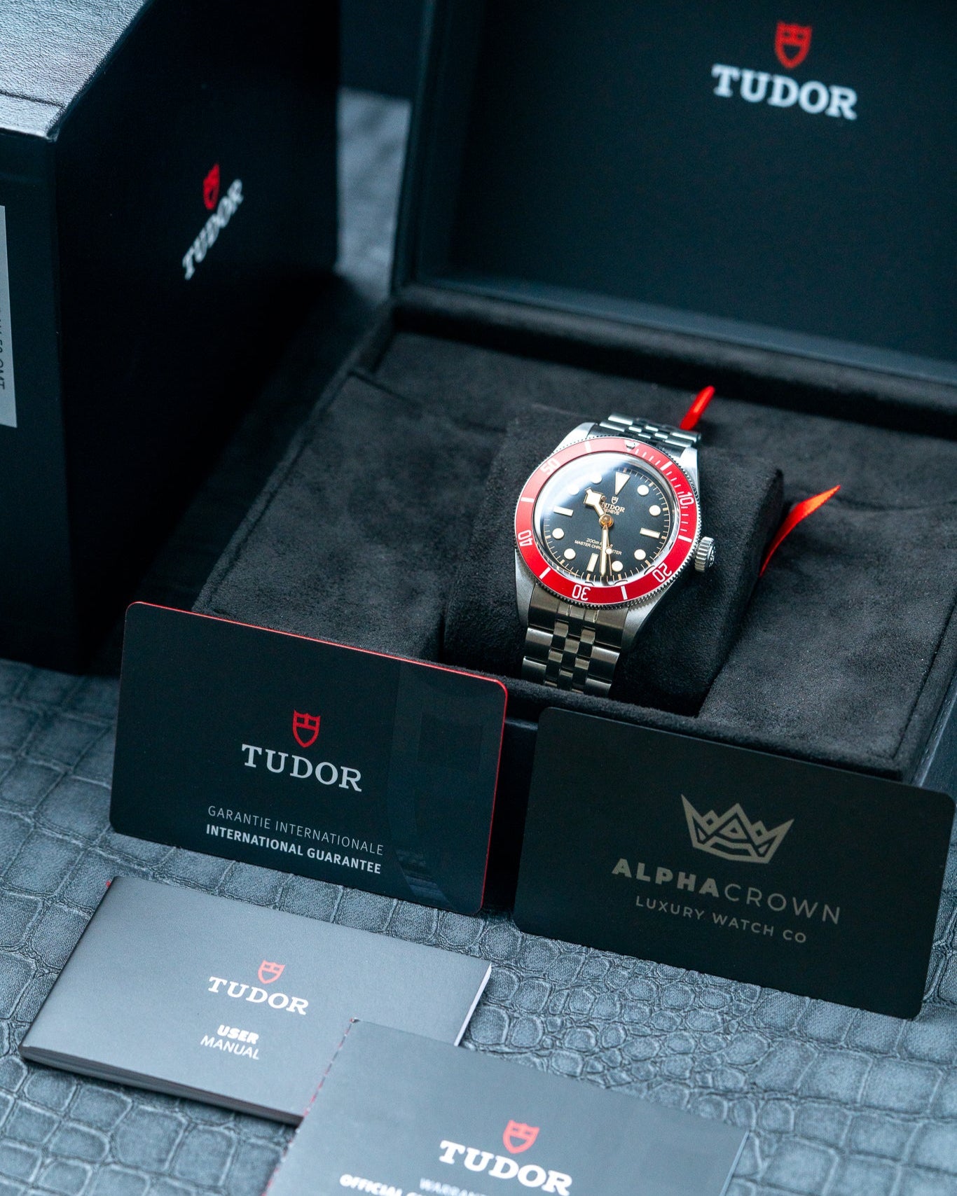 Steel Tudor Black Bay 41 M7941A1A0RU Red Bezel Watch at Alpha Crown Dallas