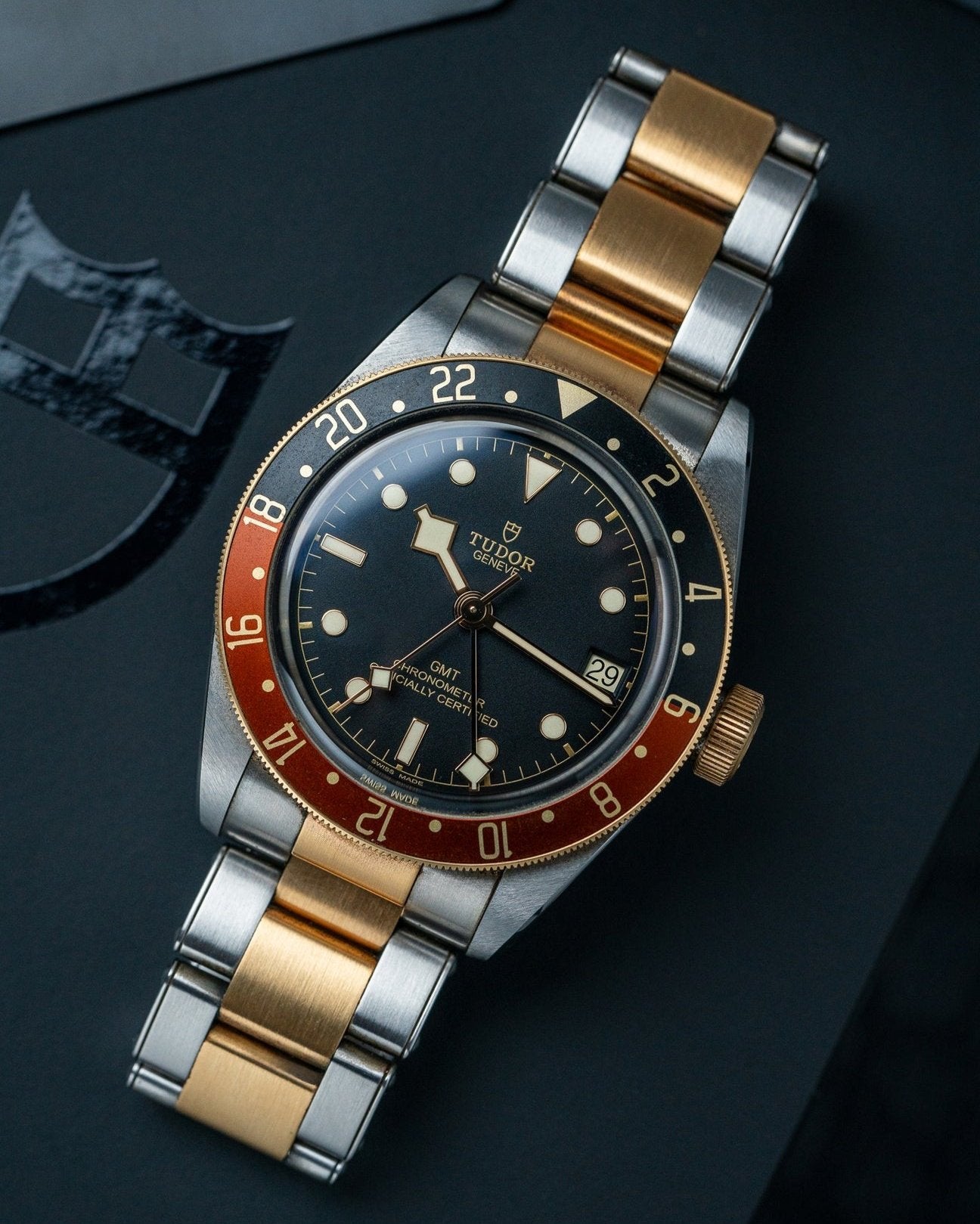 41mm Two Tone Yellow Gold Tudor Black Bay GMT Rootbeer Watch at Alpha Crown